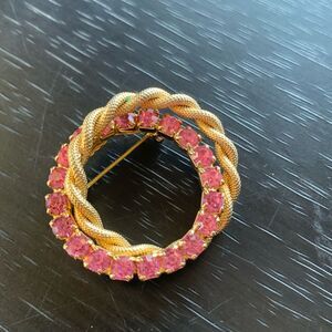 Vintage Pink Gold Rhinestone Wreath Brooch Pin